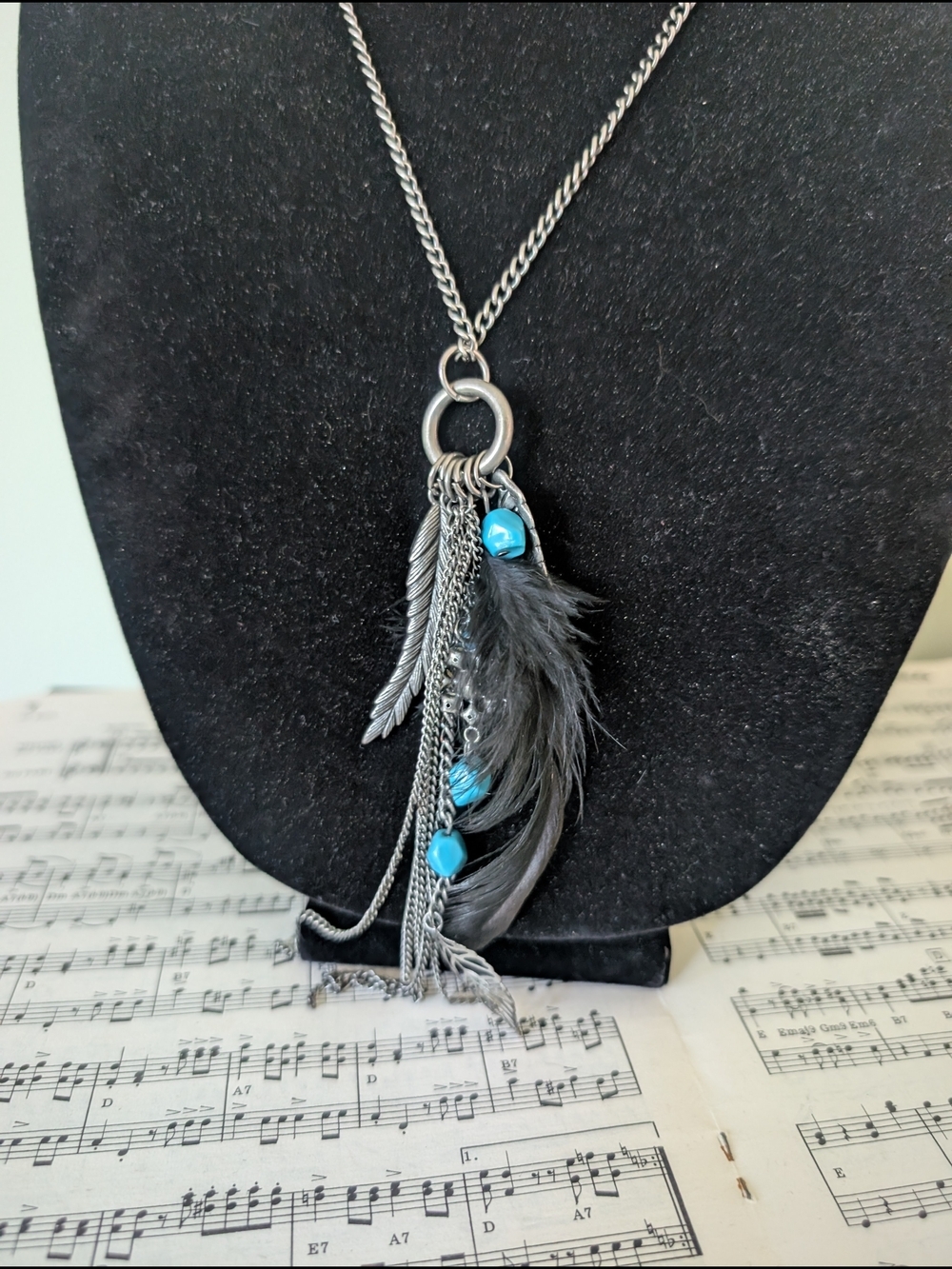 Boho Silver Feather & Turquoise Charm Necklace - Women Jewelry